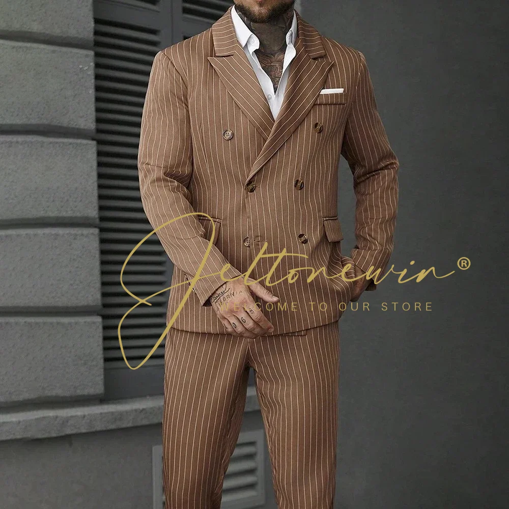 

Brown Stripe Men Suits Formal Double Breasted Peaked Lapel Slim Fit 2 Pieces Jacket Pants Business Wedding Groom Male Clothing