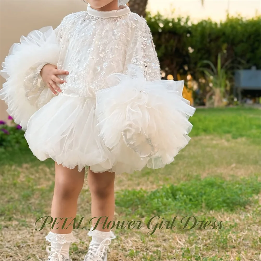 Petal Ivory Kids Birthday Party Dress Long Fluffy Sleeve Pageant Dress for Girl Vintage Lace Embroidery First Communion Gown