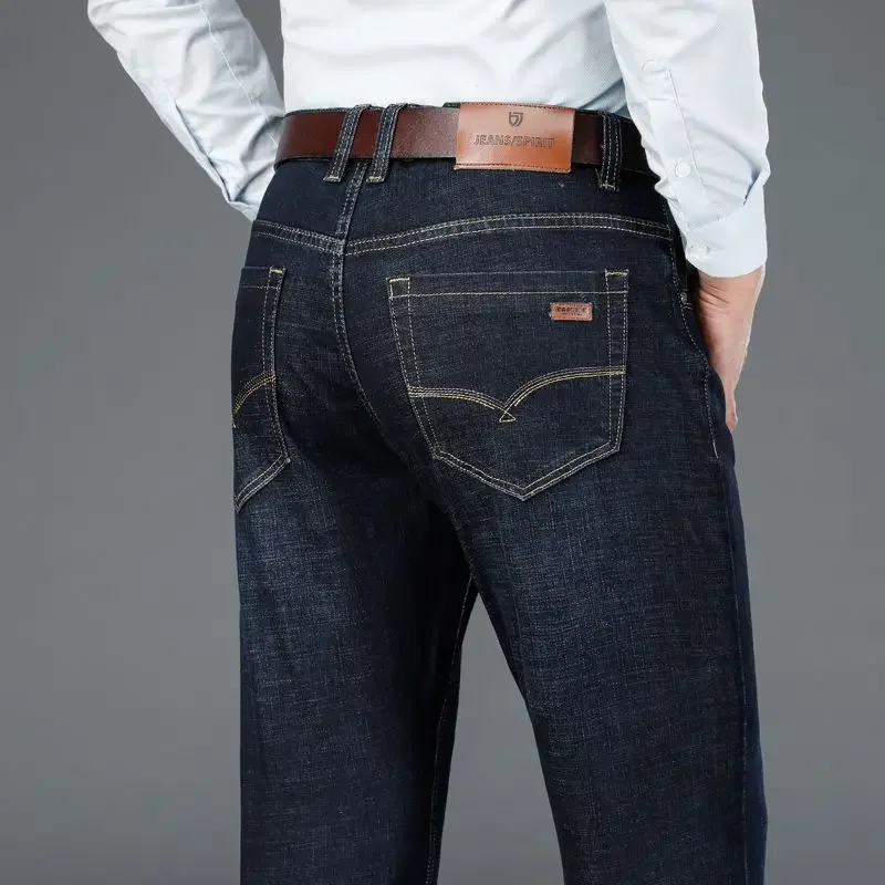 Pantalones vaqueros ajustados elásticos rectos para hombres, pantalones de cintura media, moda cómoda, negocios de ocio, jóvenes de mediana edad,