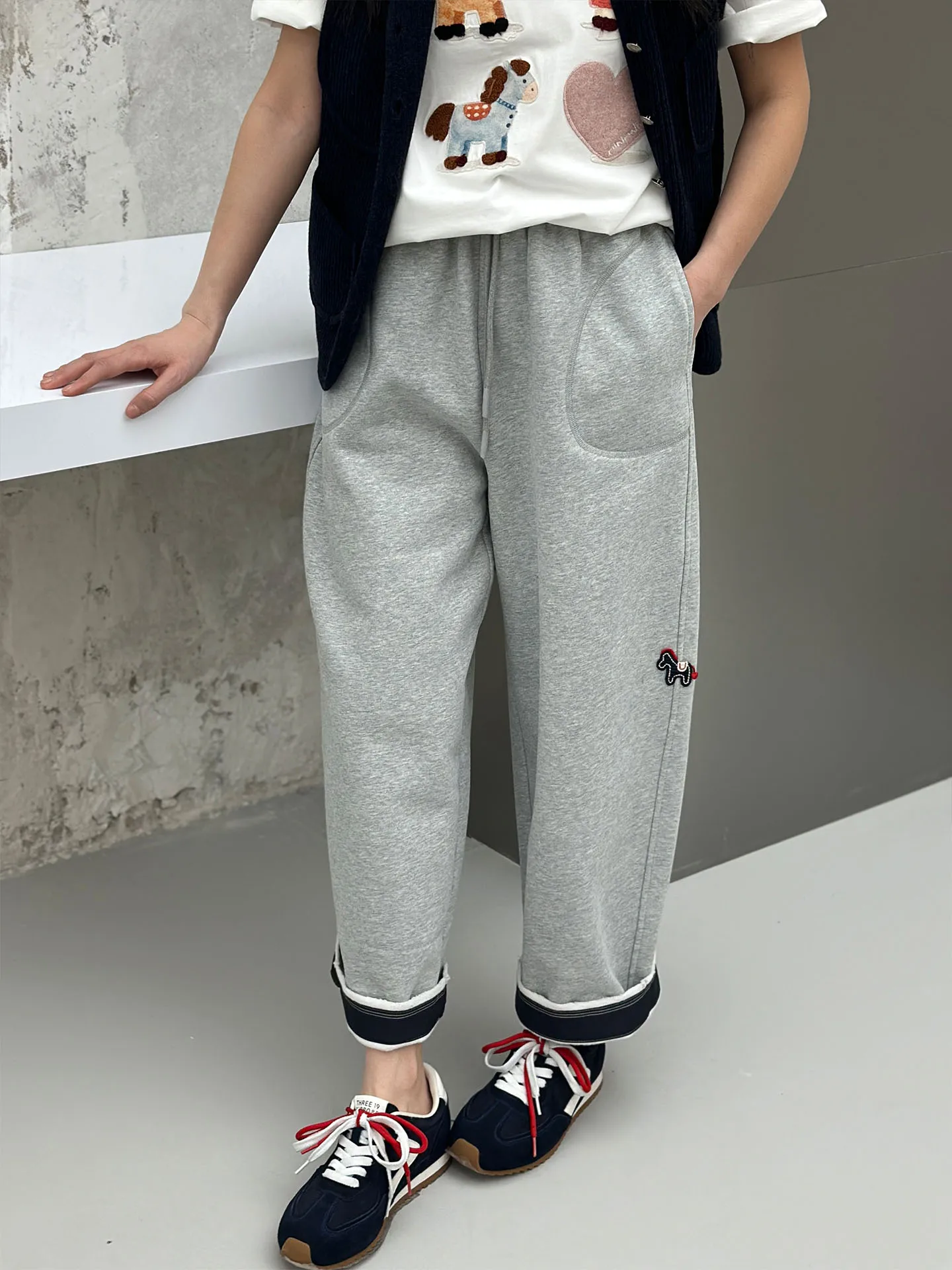 

Женские повседневные брюки Thiened Fce с вышивкой, широкие брюки с высокой талией, удобные зимние брюки