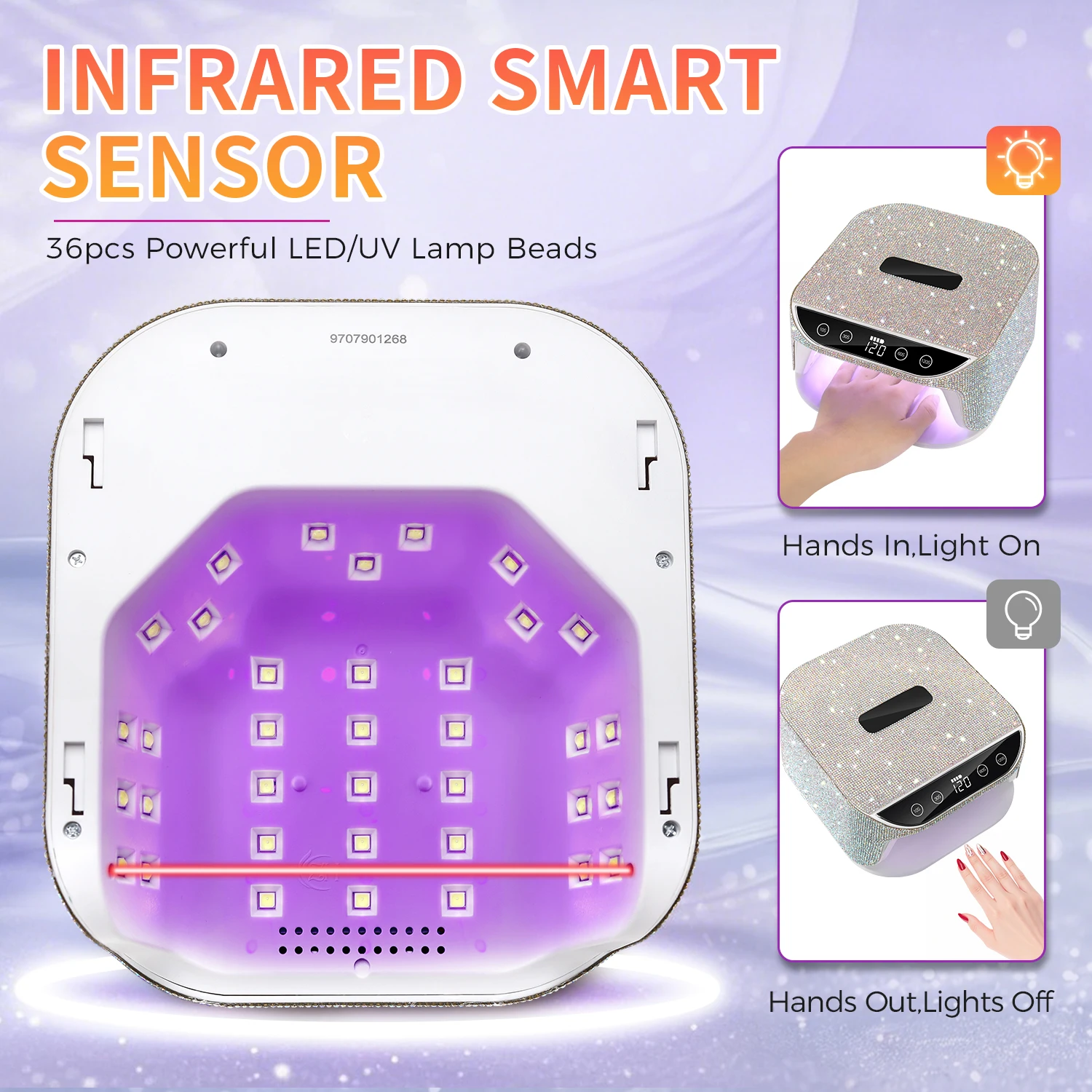 مصباح تجفيف الأظافر مع أحجار الراين القابلة لإعادة الشحن، آلة تجفيف طلاء الأظافر اللاسلكية مع مقبض مصباح LED للأظافر بالأشعة فوق البنفسجية