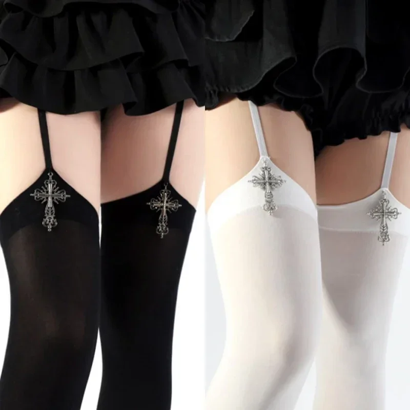 Women Suspender Thigh High Socks Y2k Gothic Cross Stockings Over Knee Black White Solid Color Hosiery Sexy Belt Lolita Pantyhose