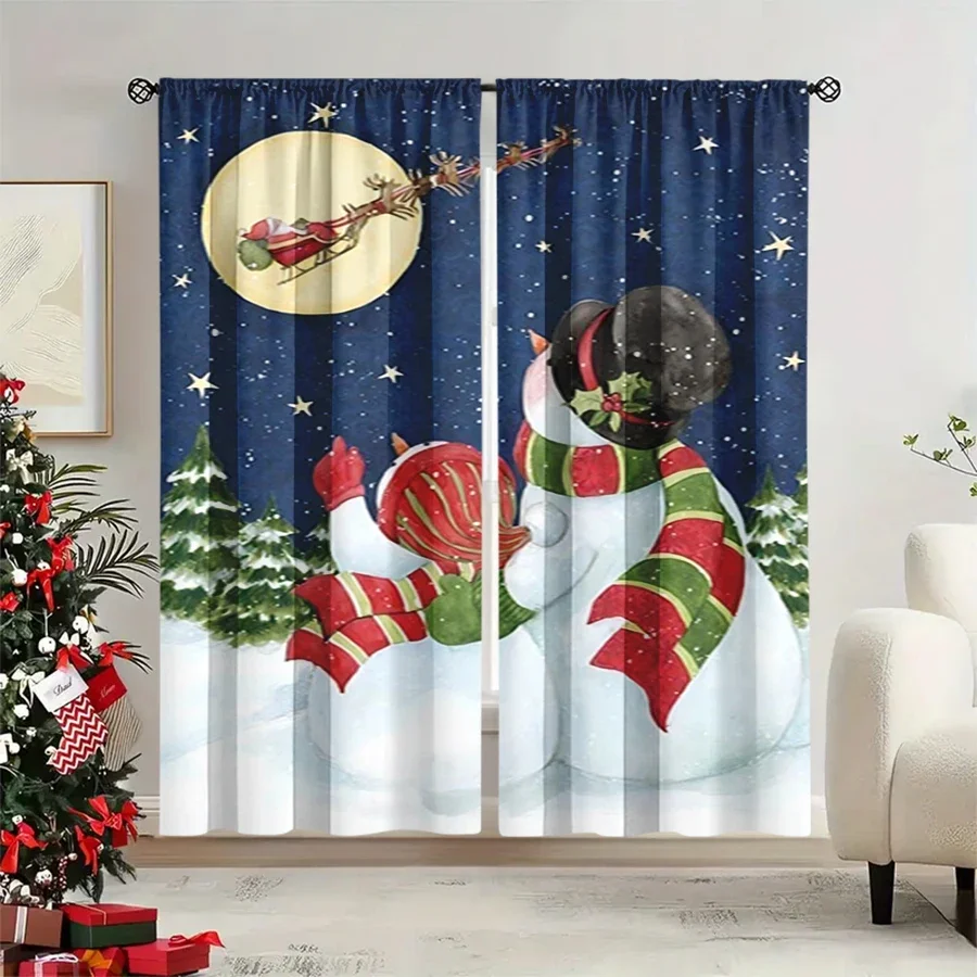 Cute Christmas Snowman and Sleigh Night Scene Curtains for Living Room Holiday Decor Window Treatment