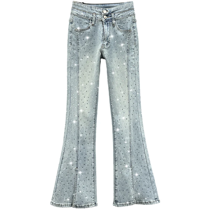 Imagem -05 - Calça Feminina com Fundo de Sino de Cintura Alta Requintada Calça Rachado de Strass Jeans Justo Moda Europeia Outono 2023