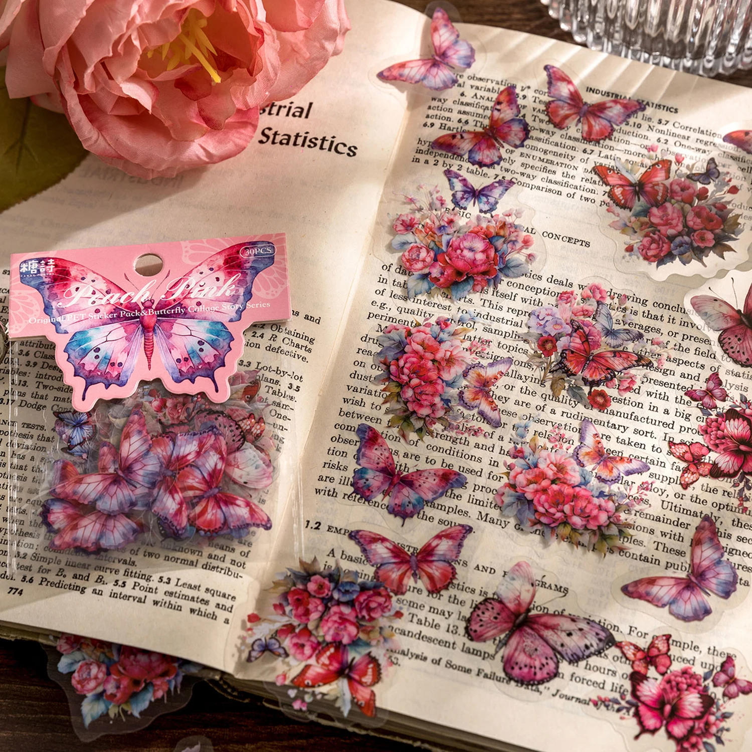 30 Stück Schmetterlings-Collage-Geschichten-Serie PET-Aufkleber Vintage Schmetterling Blumen Handkonto-Tagebuch Scrapbooking Dekorative Aufkleber