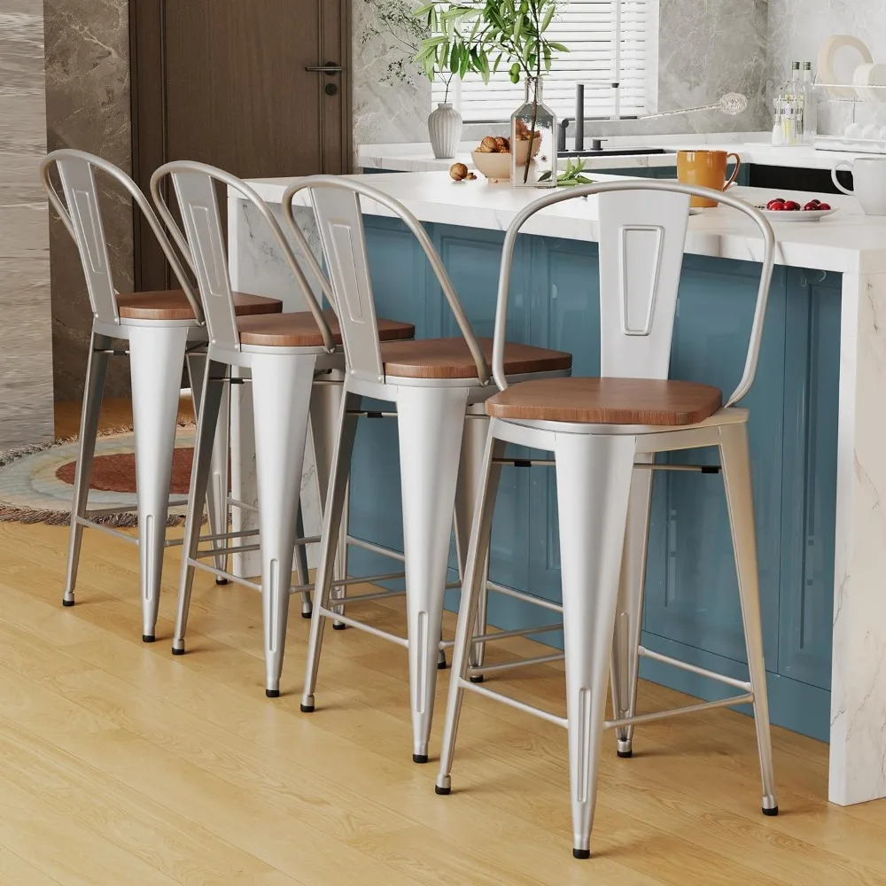 

30" Swivel Metal Bar Stools Set of 4 High Back Counter Height Barstools Kitchen Dining Bar Chairs Industrial with Large Wooden