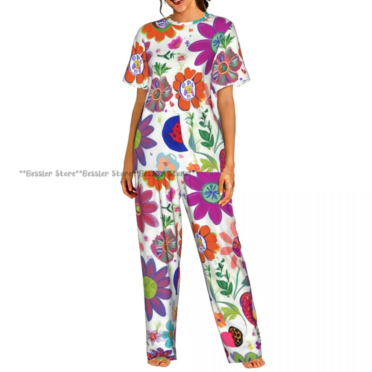 

Женский пижамный комплект с цветочным узором, короткий рукав, 2 предмета, домашняя одежда, одежда для отдыха