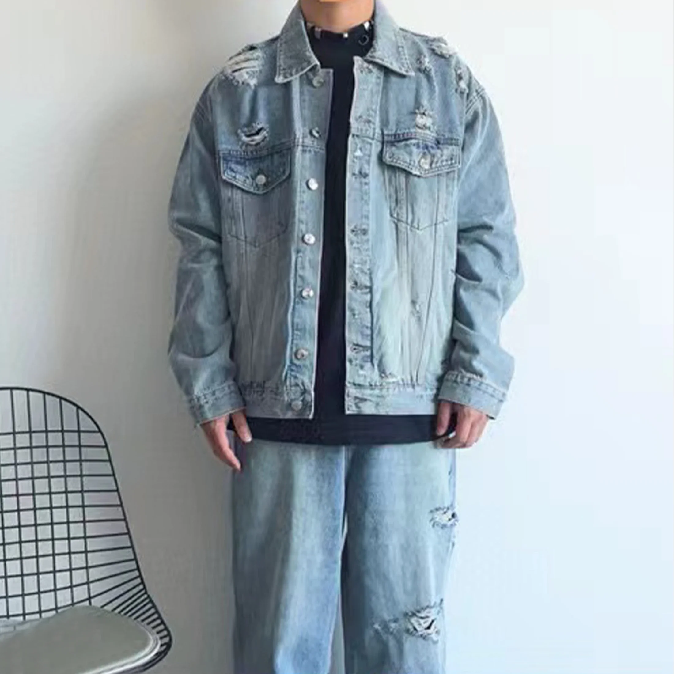 

NIGO Men's Spring And Fall Cotton Blue Washed Hole Loose Long-Sleeved Denim Jacket Casual Pants Ngvp #nigo8143