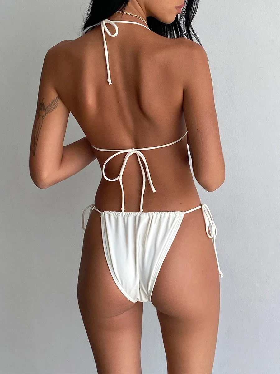 Women Two Pieces Bikini Set Swimsuits Bowknot Embellished Tie-Up Halter Neck Padded Bra Thong Bottoms Beachwear Bathing Suit