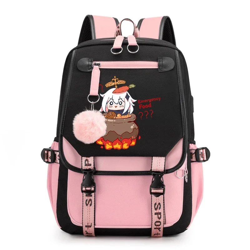 Anime Genshin Impact Backpack Girls Women Bookbag with USB Charging Port Cute Elementary Middle School Shoulder Bag for Teens