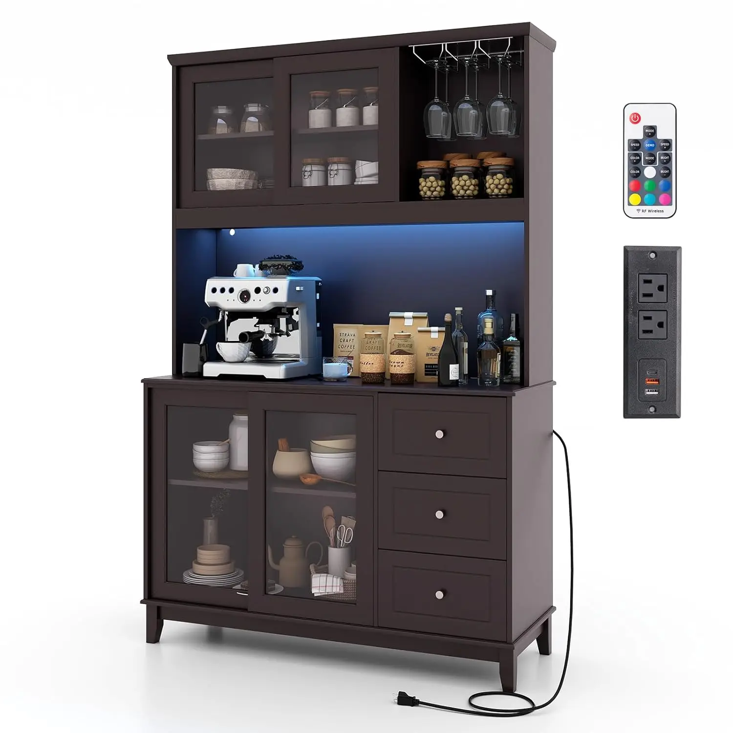 

Кухонный шкаф-буфет 73 дюйма, высокий шкаф для хранения с розетками и светодиодной подсветкой, с полками для бокалов, на заказ