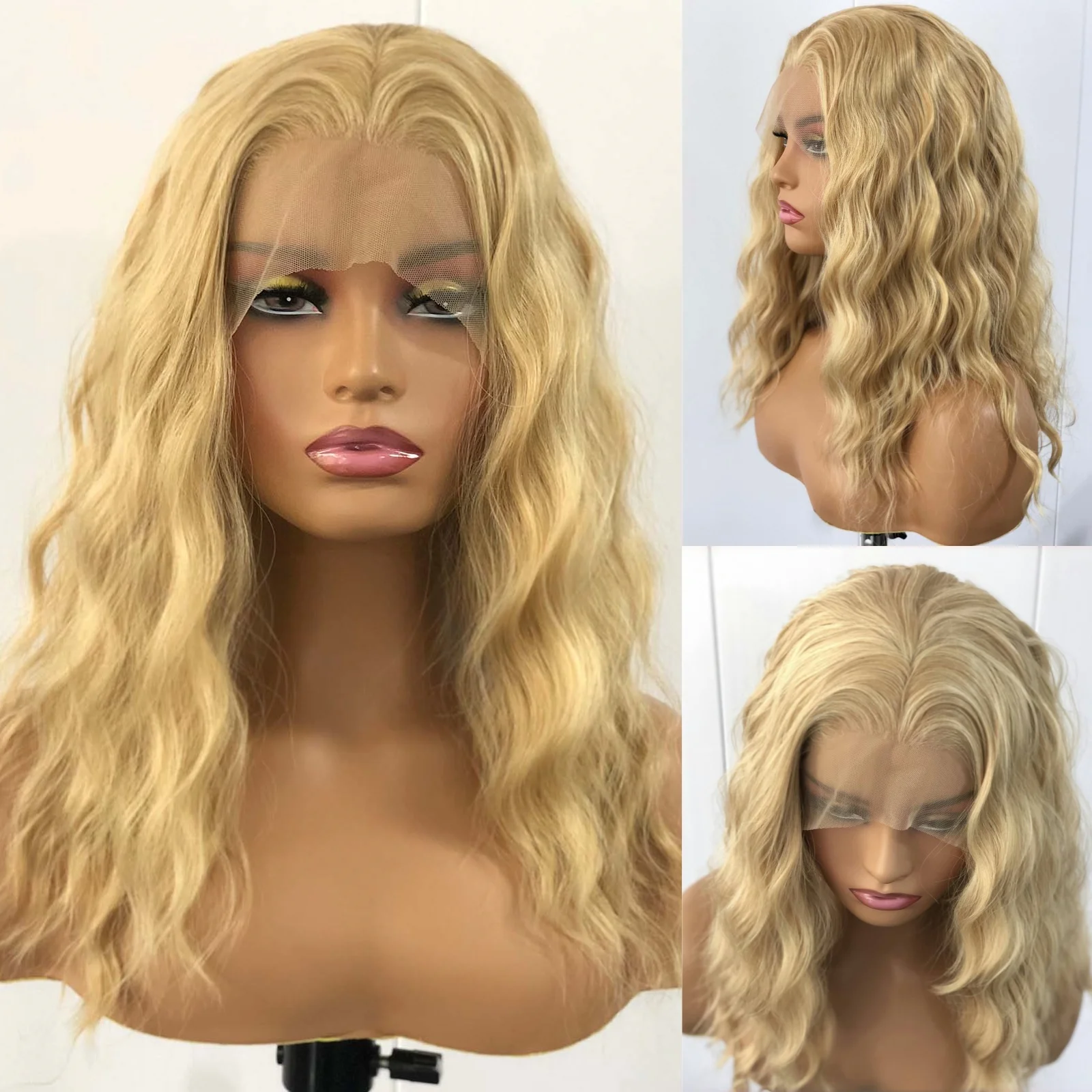 

Honey Blonde Highlight Wig Deep Wave Synthetic Lace Front Wig Short Curly Wavy Mixed Colored Hair 13X4 Frontal Wigs for Women