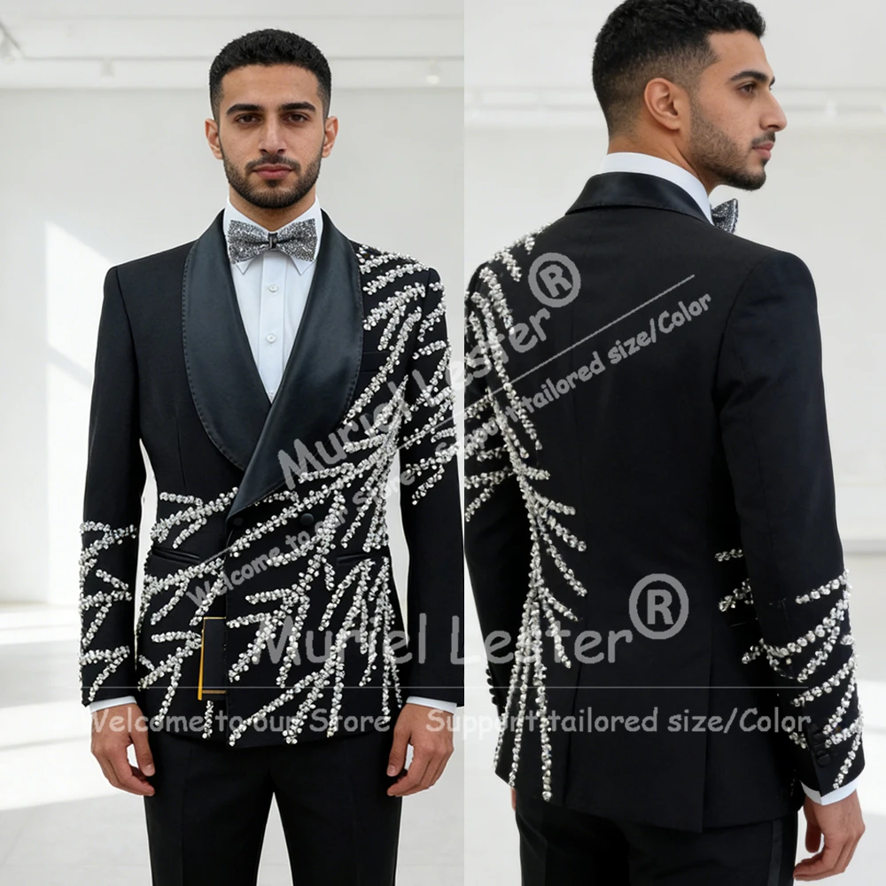 

Metallic Beaded Pearls Suits Men For Wedding Satin Lapel Groom Prom Blazers Customized 2 Piece Banquet Groom Tuxedos Ropa Hombre