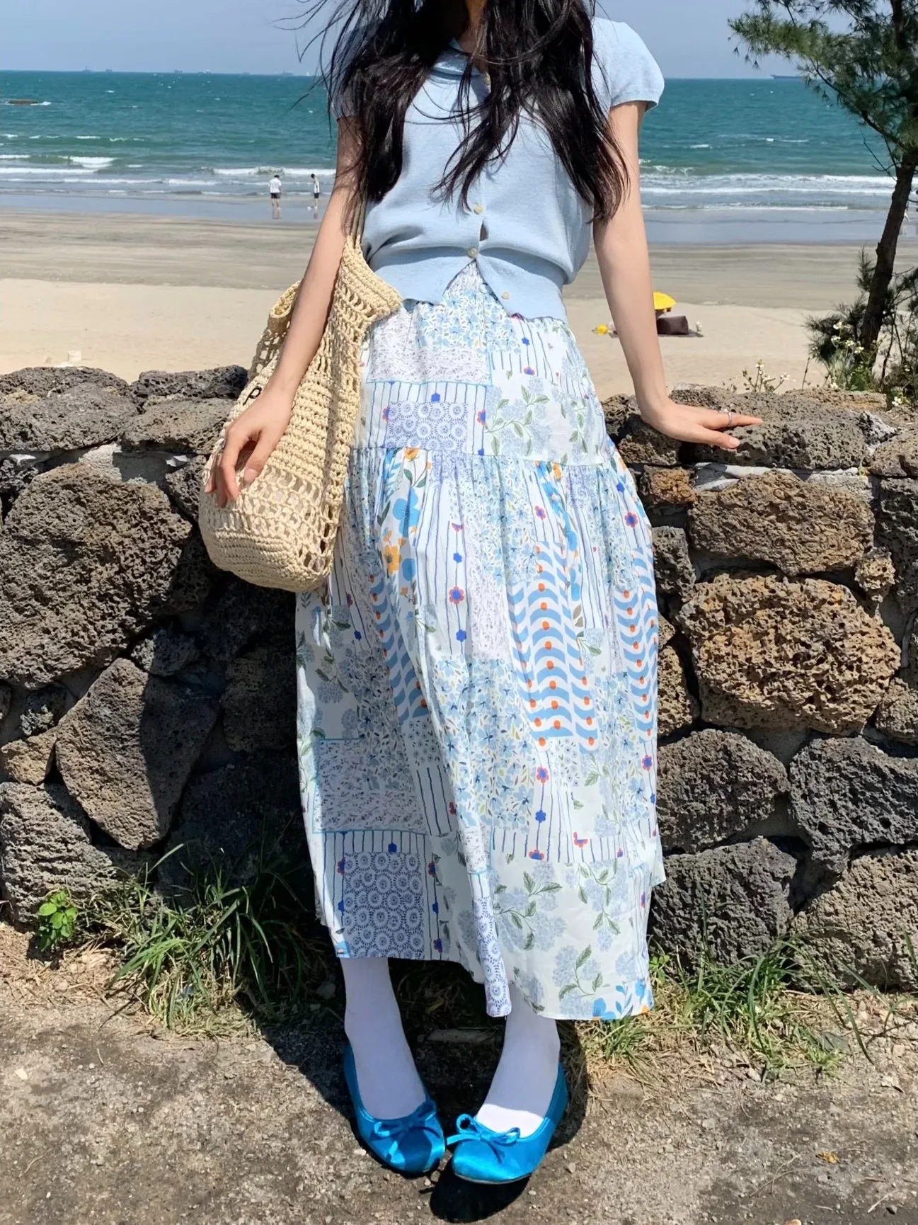 

Korean Style High Waist A-Line Skirt Teen Girl Print Splicing Color Block Holiday Feel Half Length Skirt Trendy City Commute