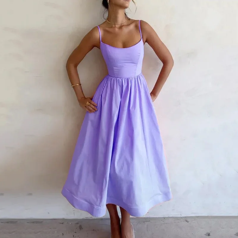 KIDCRKJ Women's U-neck Summer Dress Elegant Sleeveless Camisole Slim Pleated Sundress Loose Host A Performance Party Long Dress