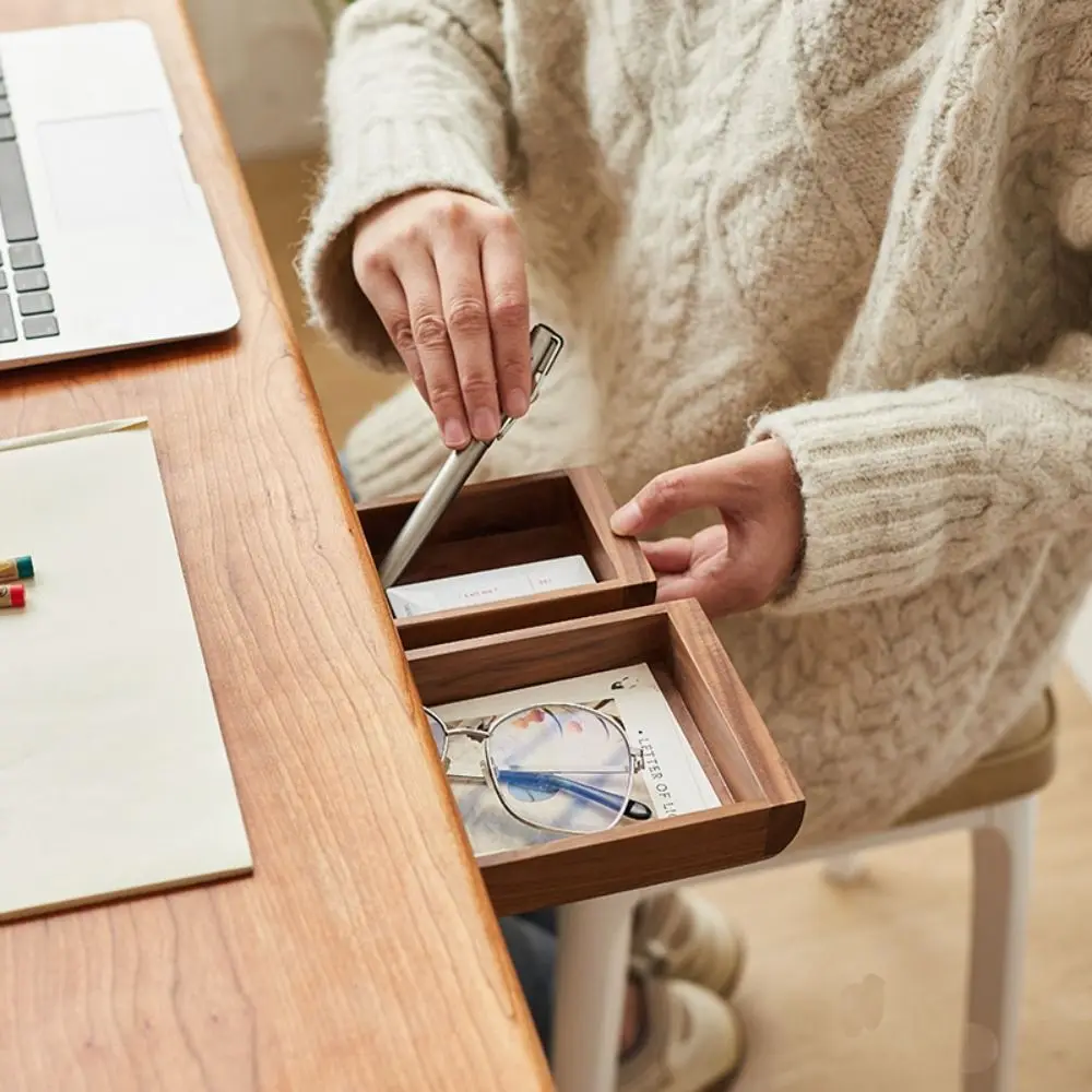 Under Desk Self Stick Bamboo/Walnut Adhesive Storage Box Wooden  Drawer Stationery Container Home Storage Slide Out Desktop