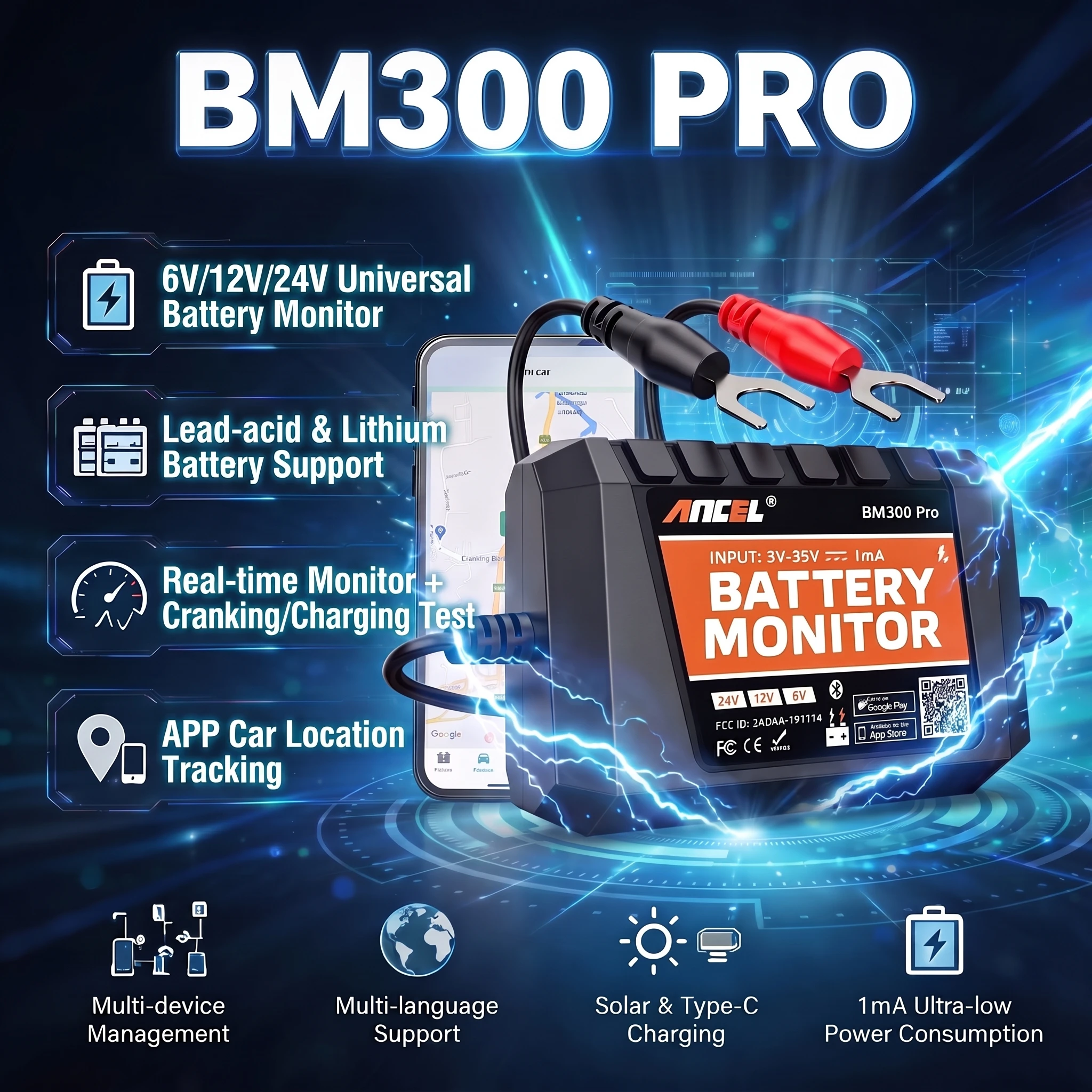 ANCEL BM300 PRO 6V 12V 24V Battery Monitor Battery Health Analyzer Charging Cranking System Check Battery Tester IOS Andoird