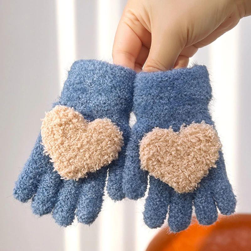 Guantes cortos para niños, guantes cálidos de felpa para otoño e invierno, guantes gruesos de cinco dedos, guantes con dedos completos y corazón antifrío