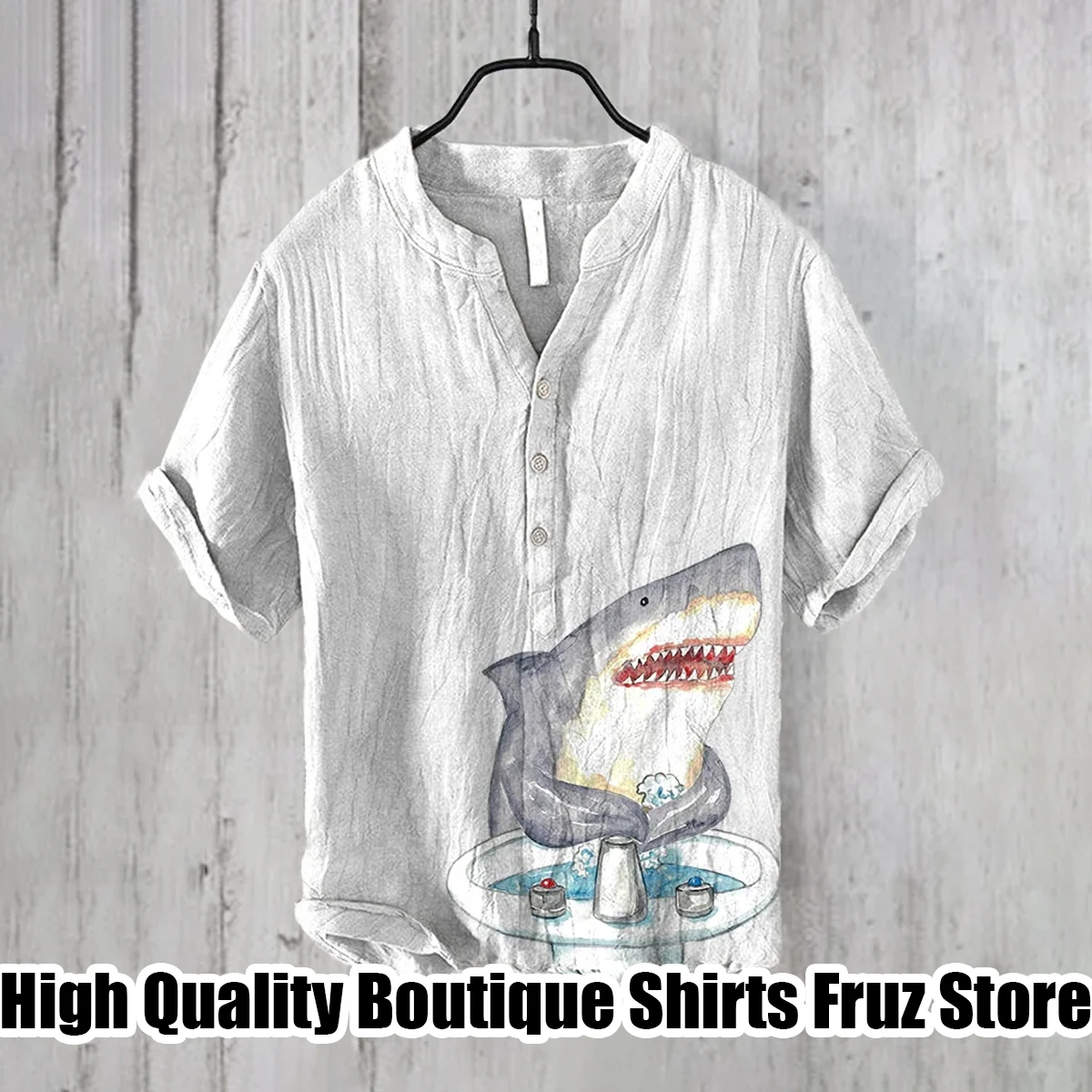 Men's V-neck printed shirt, linen material, ocean shark series shirt, large size, casual and comfortable loose shirt