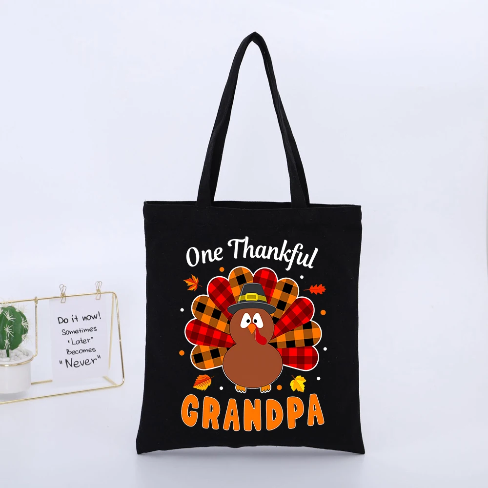Grandpa's Turkey Graphic Black Canvas Tote Bag, Casual Style for Thanksgiving Gatherings