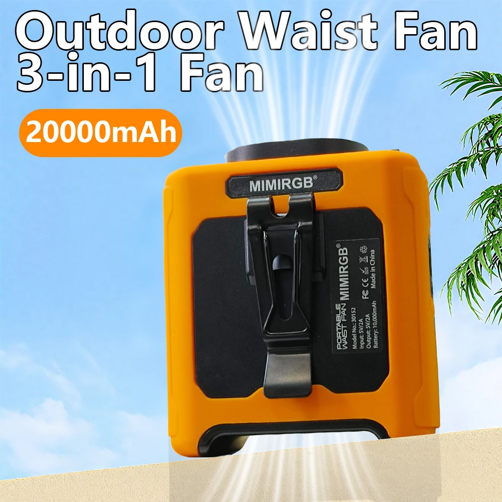 Ventilador de cintura recargable de 20000mAh, miniventilador portátil manos libres con linterna de Banco de energía de 5 velocidades para actividades al aire libre