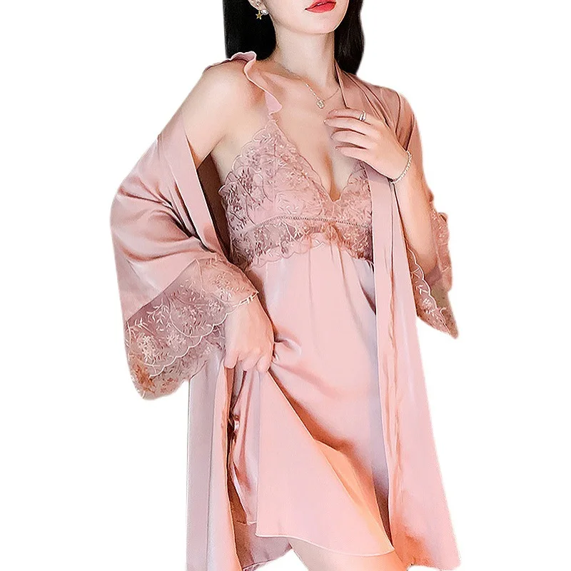 Sexy Womens Nighty Robe Set Hollow Out Lace Nightgown Sleepwear Satin Bathrobe Gown Casual Kimono Home Dress Lounge Wear