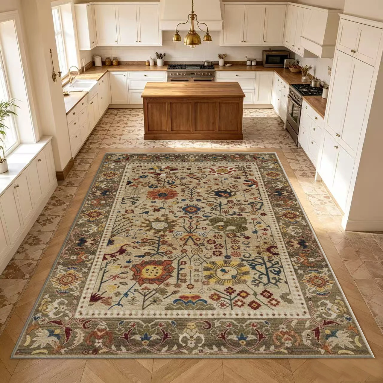 Beige Floral Plant Pattern Traditional Carpet Vintage Ethnic Carpet Floor Mat for Living Room Indoor Use