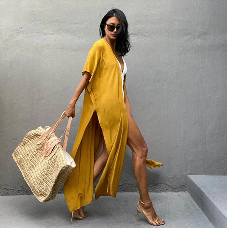 Para Praia Short Sleeve Kimono 2023 Beach Robe Maxi Long Dress Bikini Cover Ups Beachwear Sarong Women Loose Cardigan Covers