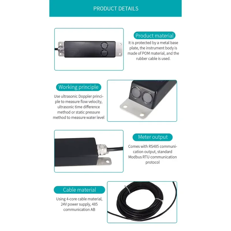 for Single-Probe Doppler Water Velocity and Flow Rate Meter DC 11-30V IP68 Submersible Sensor for Sewage