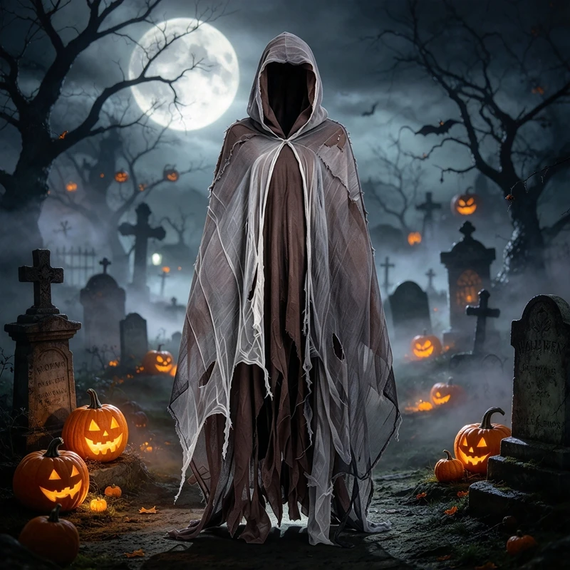 Halloween Hooded Cloak Tattered Torn Robe, Horror Witch Costume Medieval Vintage Scary Cape for Men Women Cosplay Carnival Party