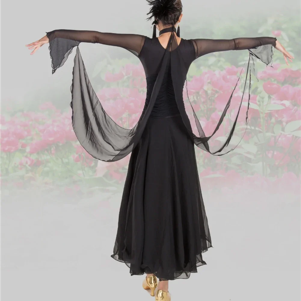 Strój na zawody taneczne, standardowy, z siateczki i wstążek, sukienka do tańca towarzyskiego z długim rękawem, sukienka do walca z dekoltem w serek, kostium do flamenco.