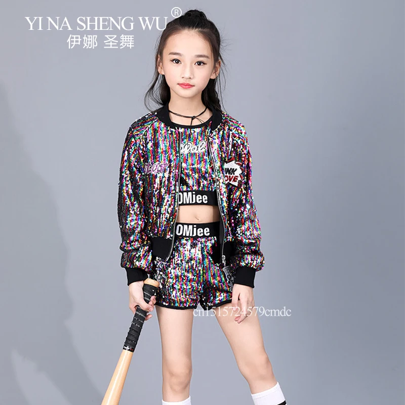 新しいジャズダンス衣装女の子カラフルなスパンコールシャイニングストリートダンスジャケットスーツ子供の日のファッションステージパフォーマンス衣装