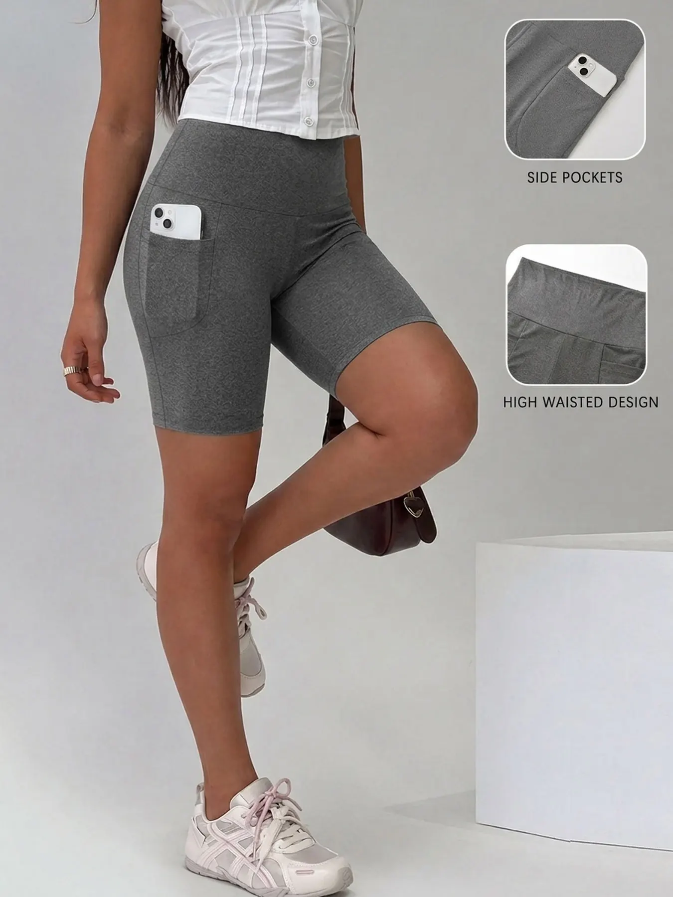 Damen Biker-Shorts mit Taschen, hoher Bund, superweich, blickdicht, Bauchkontrolle, für Laufen und Yoga – Detail 7