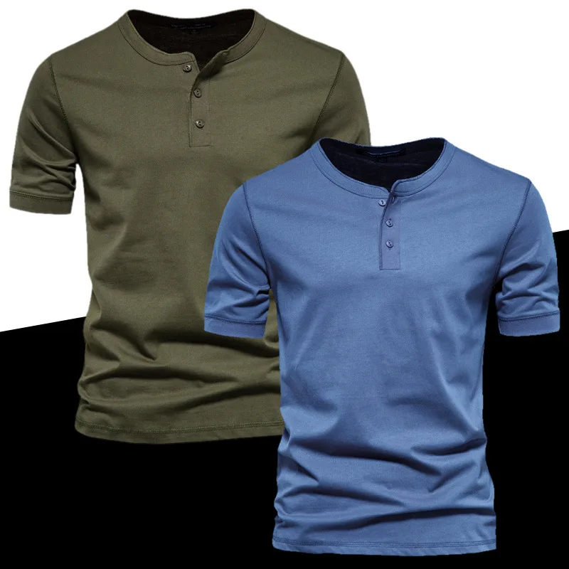 GZMS-MaletAmerican Henry Buckle Short SleeveTT Shirt for Men, Slim-Fit, Solid Color, Sports Tough Guy Base