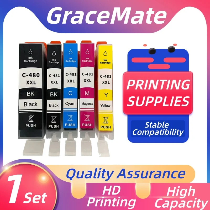 

1Set 5 Color PGI-480 CLI-481 ink cartridge 480XXL Compatible For Canon PIXMA TS6140 TS704 TR7540 TS8140 TR8540 TS9140 Printer