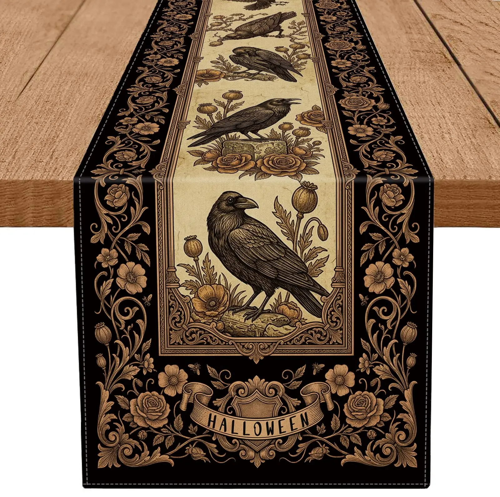 Halloween Table Runner Vintage Gothic Raven Crow Floral Print Table Decor Antique Black Brown Tabletop Decoration for Halloween