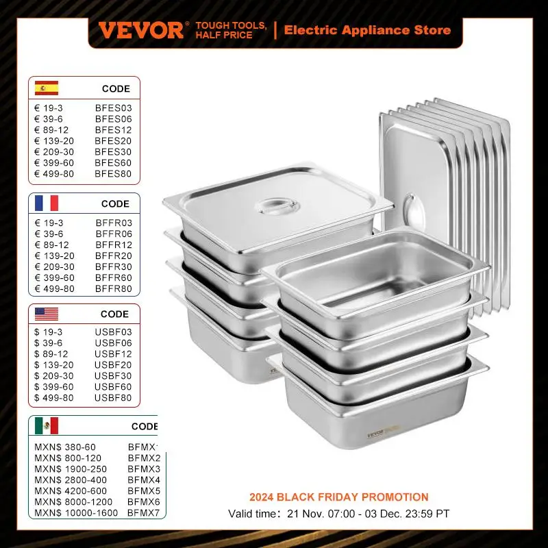 VEVOR 8 Pack Hotel Pans 1/2 Size Anti-Jam with Lid 0.8mm Thick  4-In Deep Catering Storage Food Pan for Industrial & Scientific