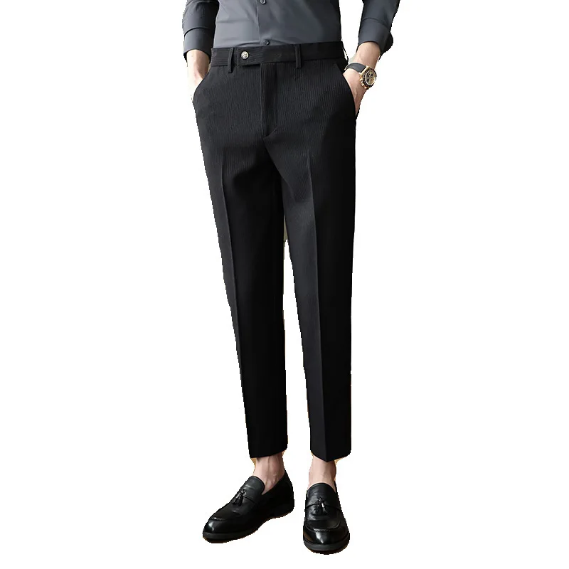 Fashionable Men's Casual Long Pants for Foreign Trade, Slim Fit, Solid Color Elastic Dyed Fabric, Textured Small Suit Pants