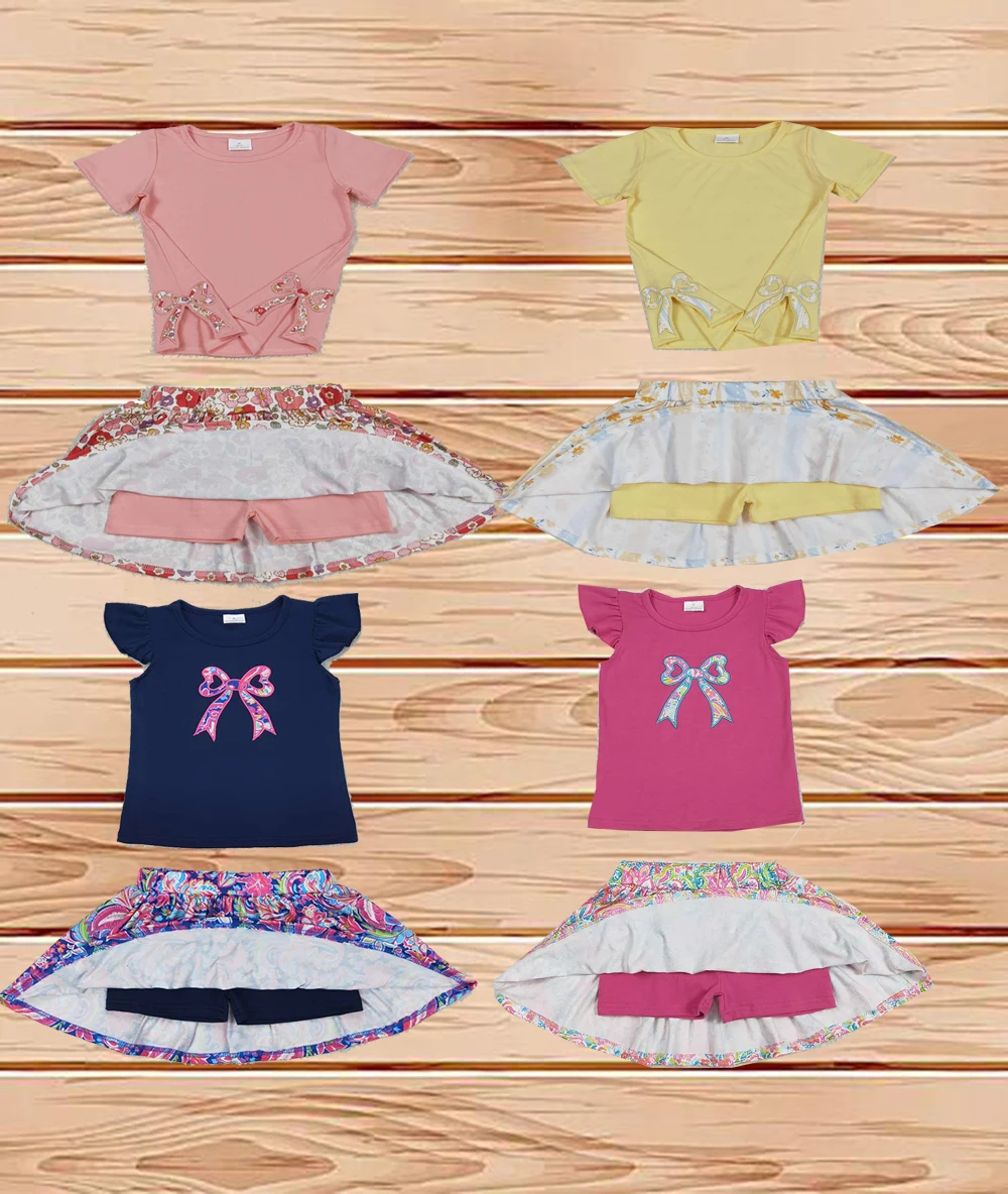 

3.28 Wholesale Western Boutique children clothing Sibling Embroidery Baby Girls 4 Styles Bow Shirts Shorts Skirt Clothes Sets