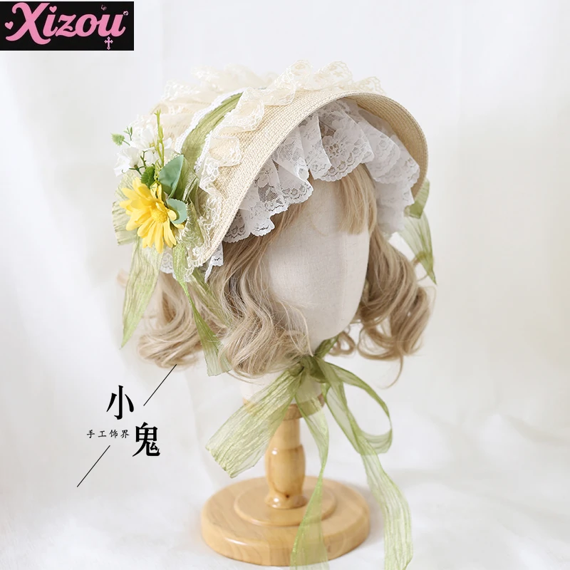 Women Handmade Lolita Flower Elegant Flat Hat Top Hat Flower Wedding Tea Party Pastoral Straw Hat Lace Hanyang Eclectic Summer