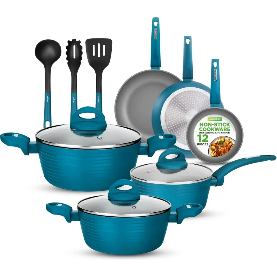 

12-Piece Nonstick Kitchen Cookware Set - Easy to Clean, Fireproof Lacquer - Saucepot, Cooking Pots, Fry Pans, Utensils, Tempered