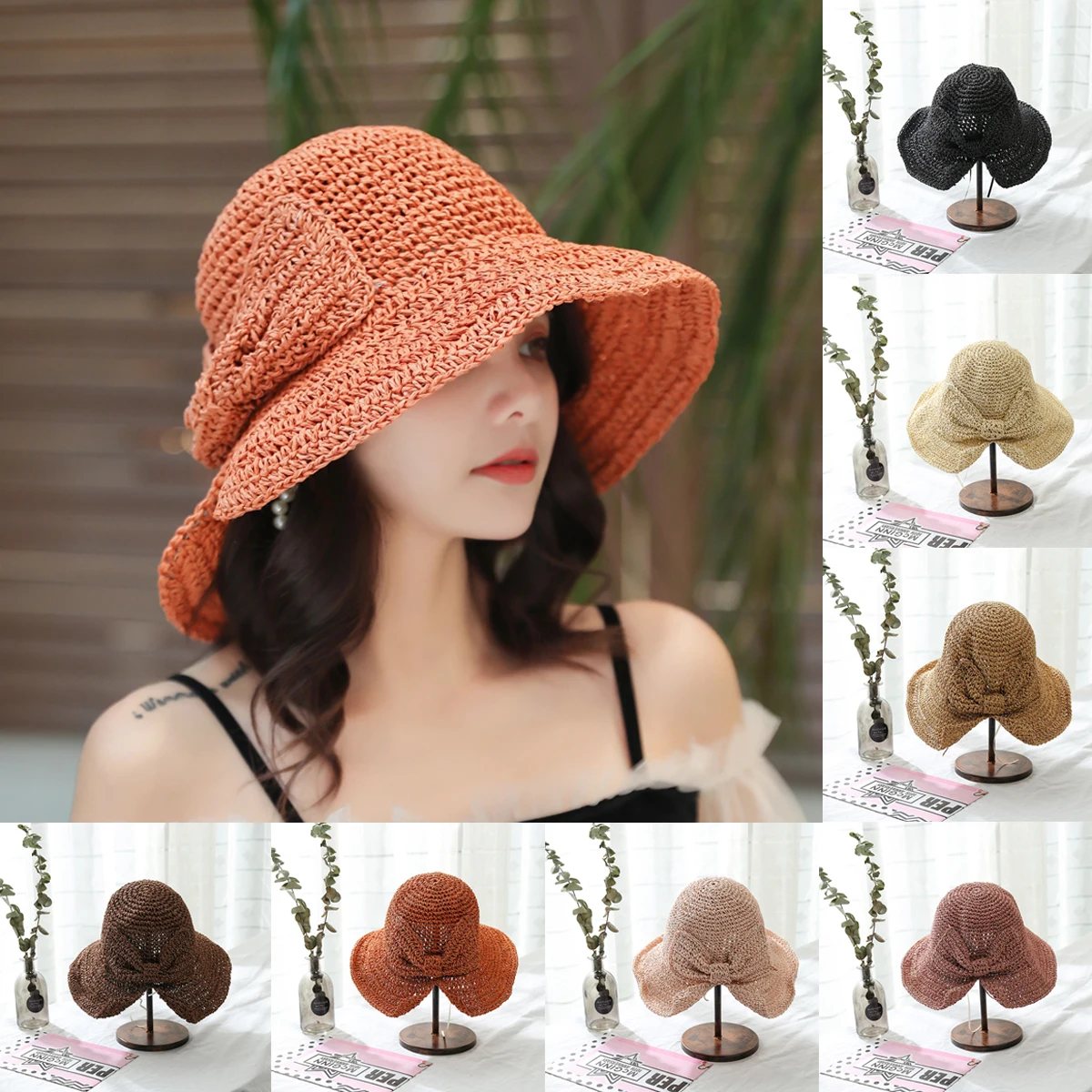 

Small-brimmed Straw Hat Female Summer Hat Simple Bow Tub Hat Fisherman Hat Crochet Sun Hat Sun Hat Shopping Outing