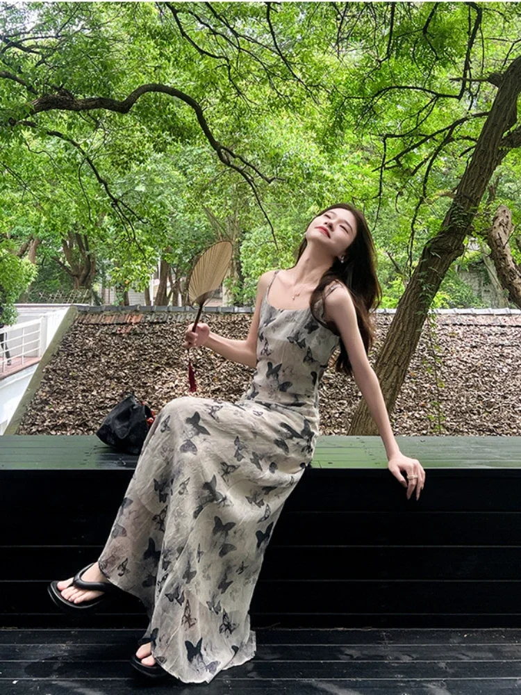 Abiti Camis Donna Abiti senza maniche Farfalla Stampata Doppio strato Casual Vacanza Spiaggia Data Elegante vestito estivo sexy
