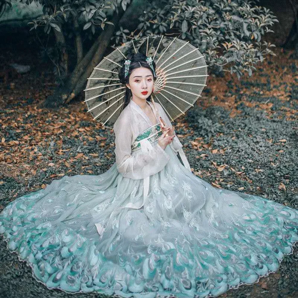 Vestido hanfu estilo chinês feminino, fantasia antiga de fada do pavão, hanfu tradicional para menina, poliéster, halloween