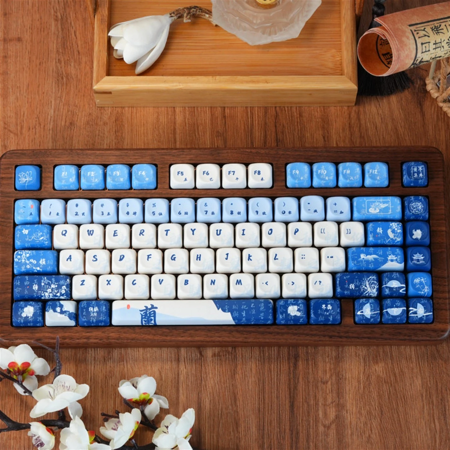MOA Profile 132 Keys Lanting Xu Blue and White Porcelain Style PBT Keycaps Set for Wooting Mechanical Keyboard