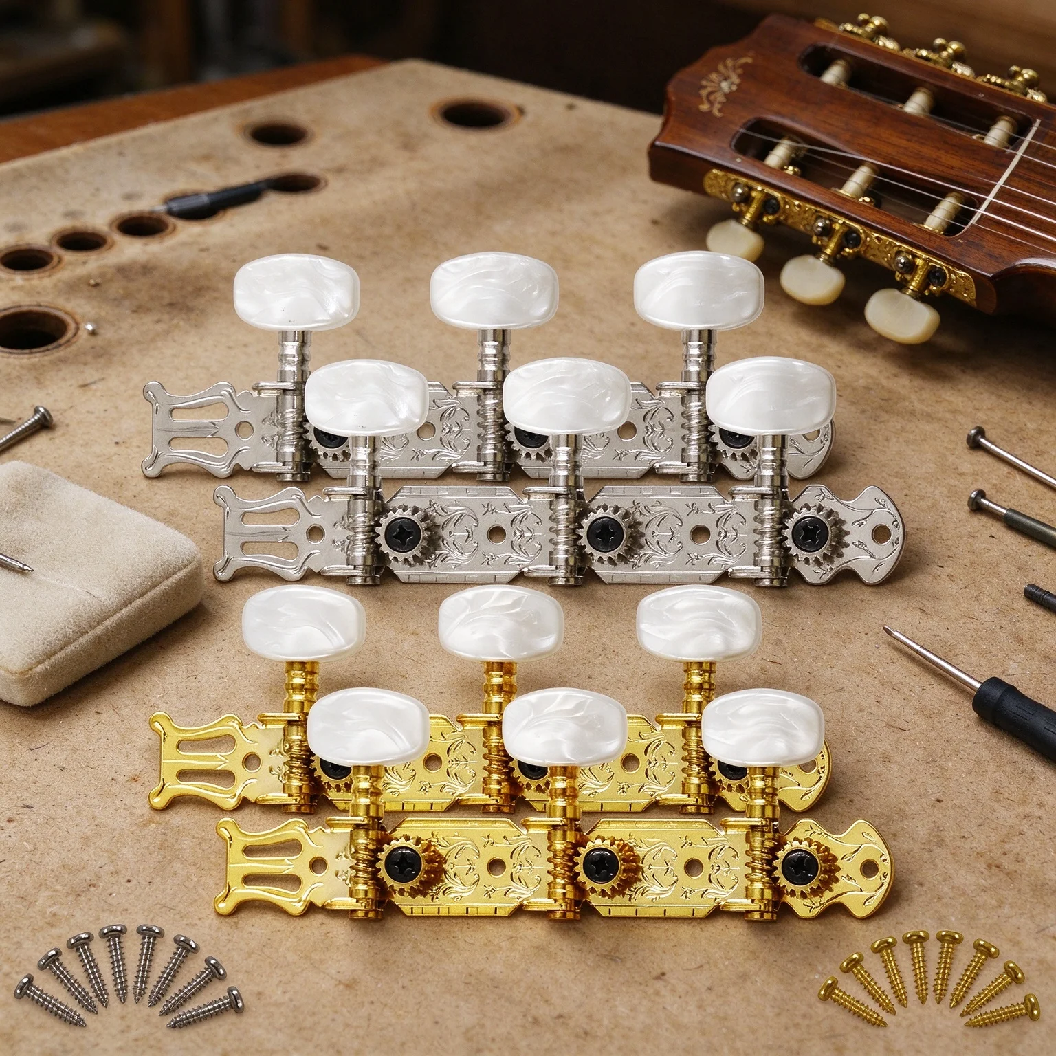RUKOVA 1 Pair 3L3R Classical Guitar Tuning Pegs, Machine Heads Keys for Classical Guitar, Gold/Silvery