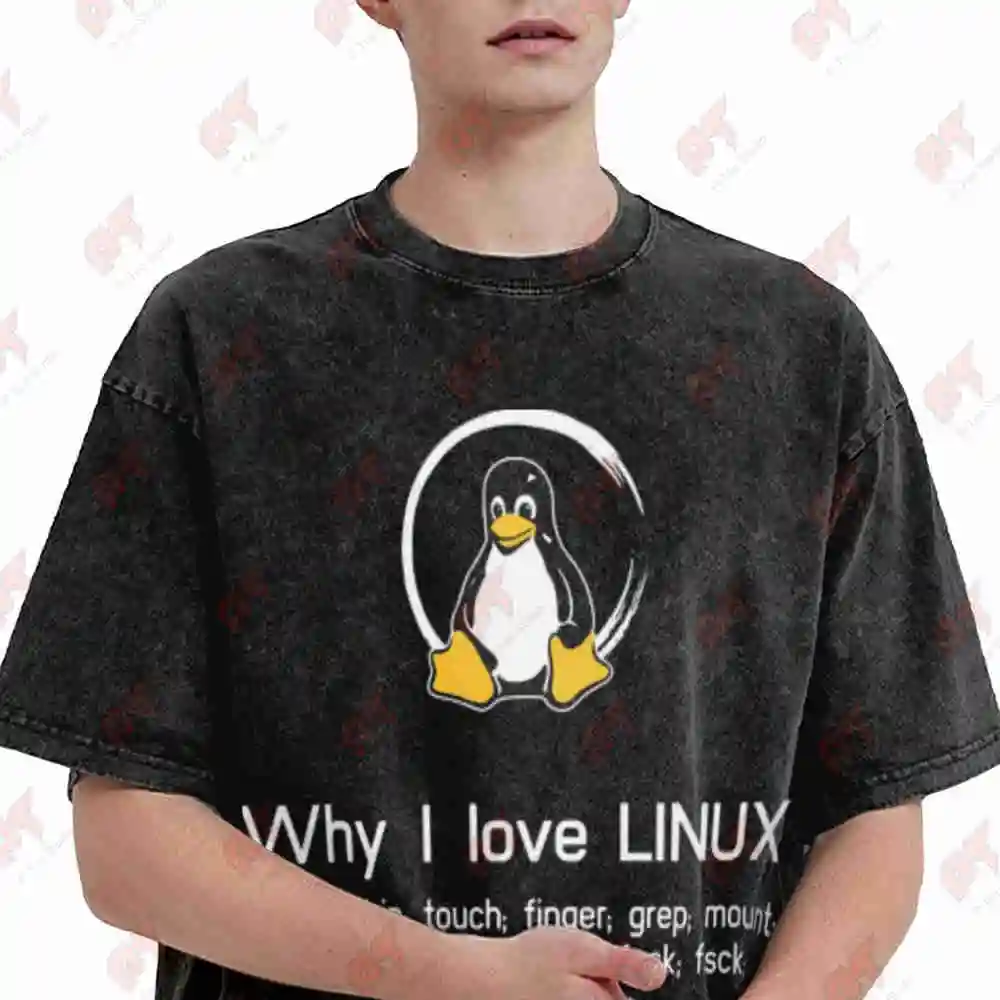 Linux Tux Penguin Command Line Ubuntu Debian Vintage Washed Tee Pure Cotton T-Shirt