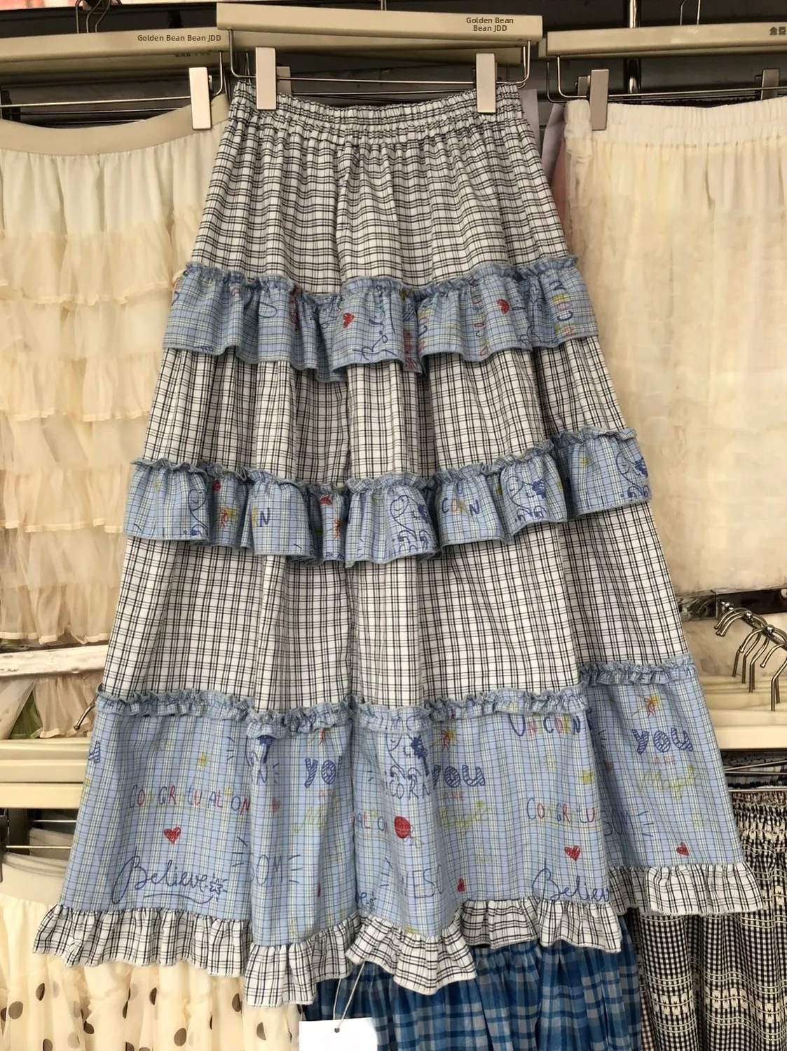 

Retro Graffiti Cake Skirt Women's A-Line Skirt High Waist Pleated Slimming Plaid Bordered Lace Gored Skirt