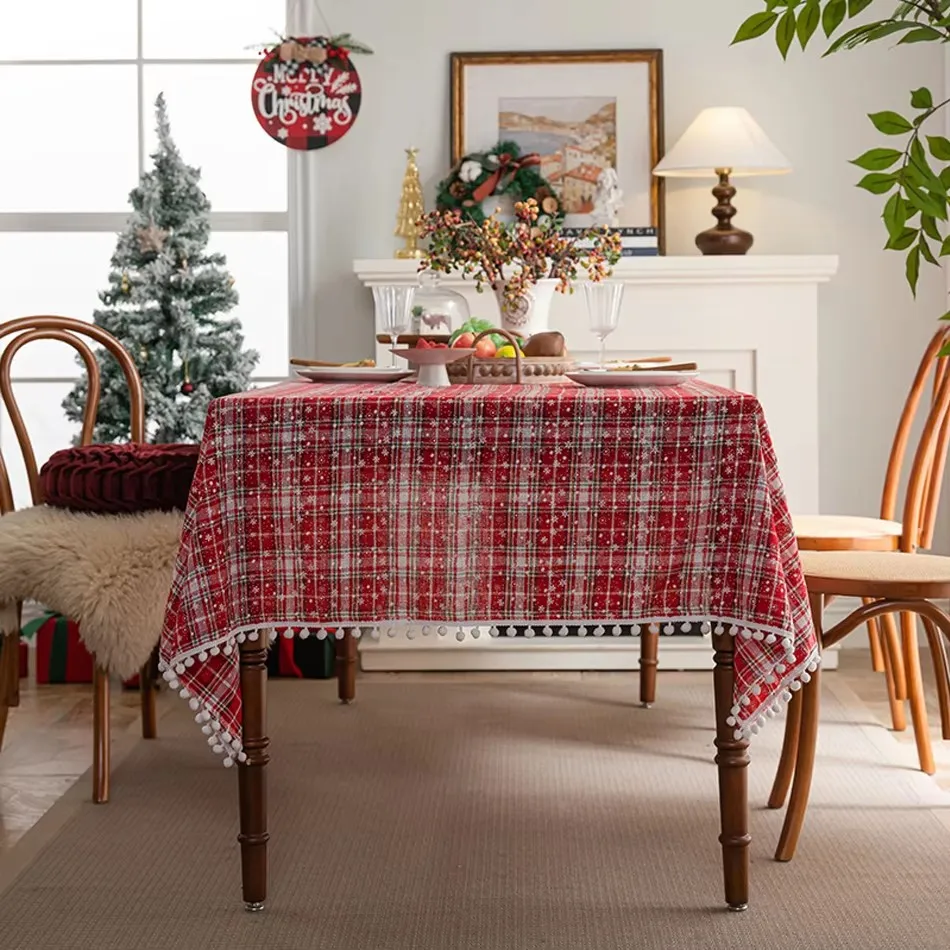 Red and White Gingham Tasseled Christmas Tablecloth – Vintage Style with Snowflake Patterns; Machine-Washable & Reusable – Suita