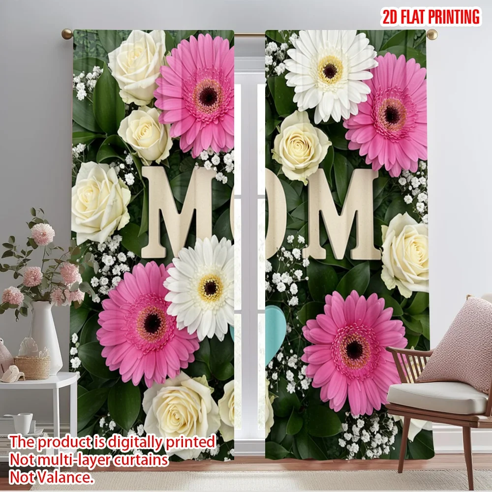 

2pcs 2D flat printing Window Curtains MOM Flowers Gerbera Daisies Polyester Without Electricity Birthday Party Perfect for Home